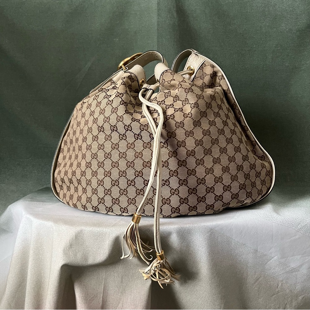 Gucci Gg Monogram Canvas/leather Icon String Large Hobo Bag Ivory